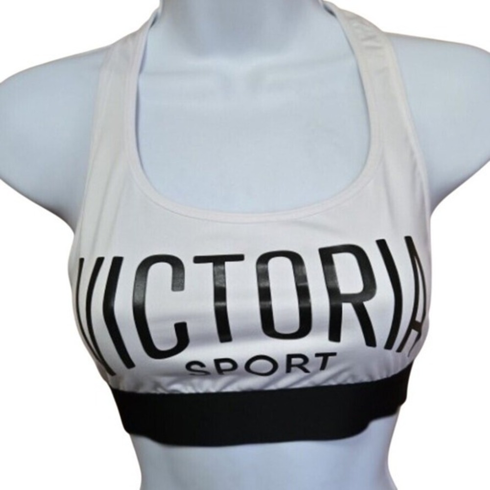 VICTORIA SPORT White Racerback Sports Bra Unpadded Black Logo Gym‎ Workout Small